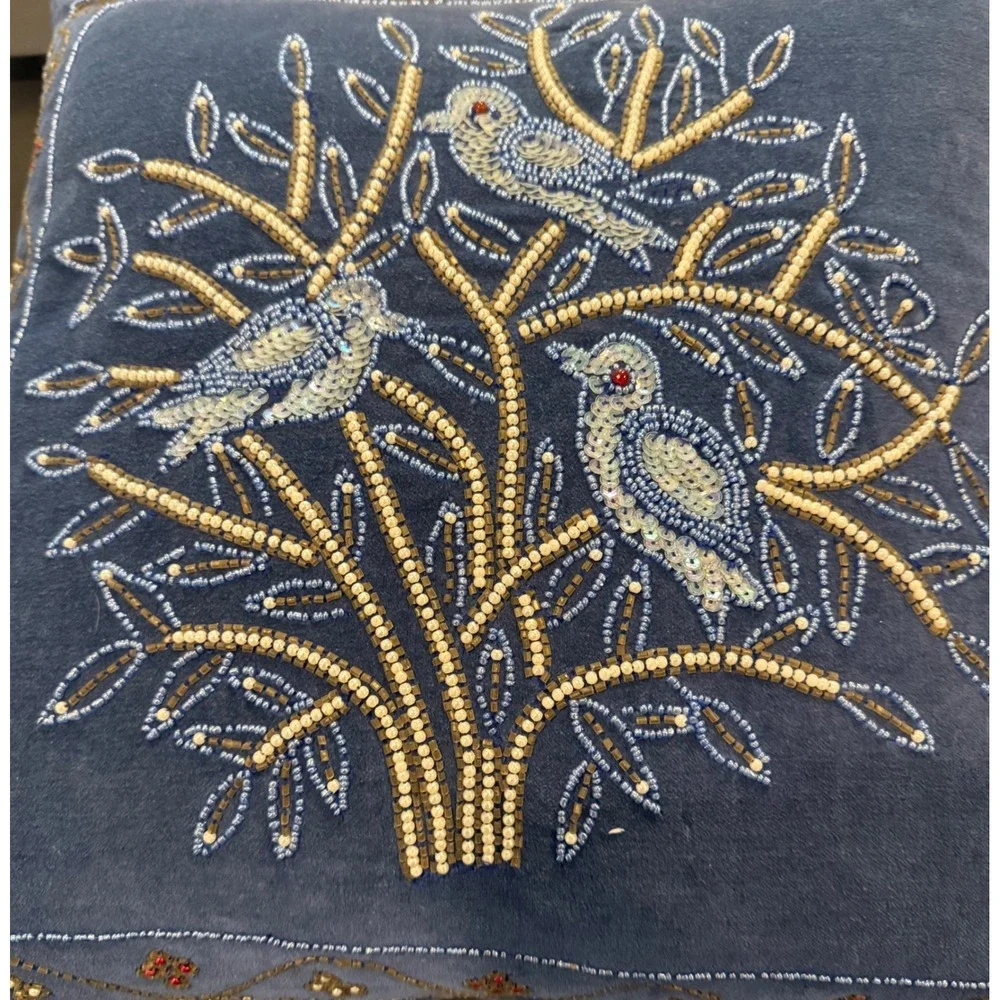 Home Decor 14x14 Square Throw Pillow Blue Velvet Beaded Bird Tree Boho